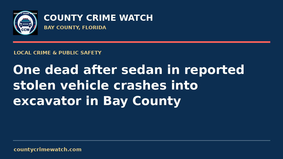 One dead after sedan in reported stolen vehicle crashes into excavator in Bay County