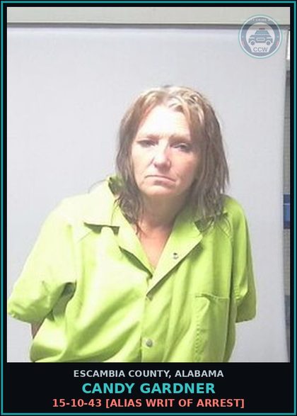CCW arrest card for Candy Gardner in Escambia County: 15-10-43 [Alias Writ of Arrest]
