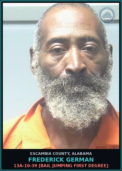 CCW arrest card for Frederick German in Escambia County: 13A-10-39 [Bail Jumping First Degree]