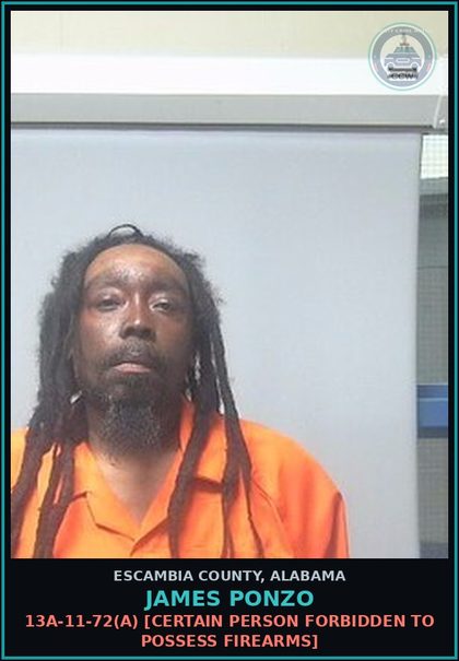 CCW arrest card for James Ponzo in Escambia County: 13A-11-72(a) [CERTAIN PERSON FORBIDDEN TO POSSESS FIREARMS]