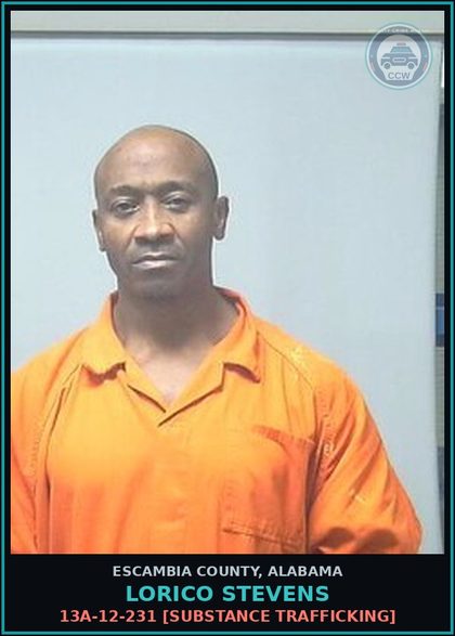 CCW arrest card for Lorico Stevens in Escambia County: 13A-12-231 [Drug Trafficking]