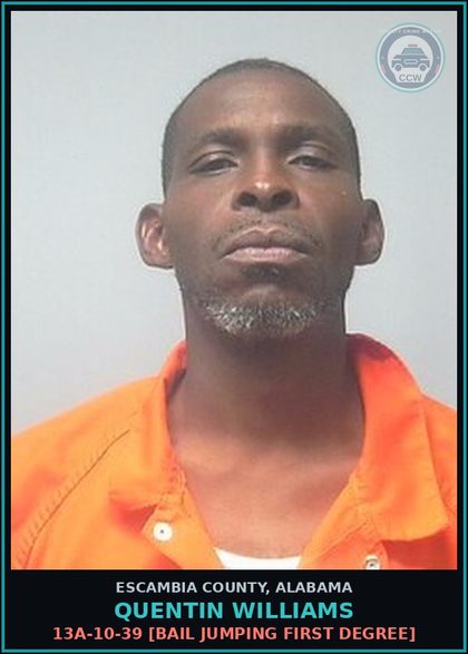 CCW arrest card for Quentin Williams in Escambia County: 13A-10-39 [Bail Jumping First Degree]