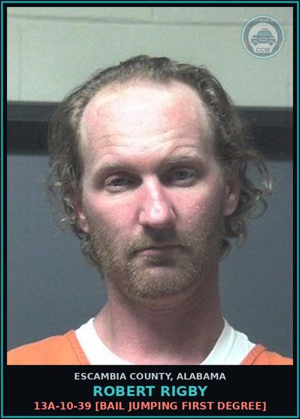 CCW arrest card for Robert Rigby in Escambia County: 13A-10-39 [Bail Jumping First Degree]