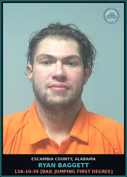 CCW arrest card for Ryan Baggett in Escambia County: 13A-10-39 [Bail Jumping First Degree]