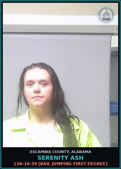 CCW arrest card for Serenity Ash in Escambia County: 13A-10-39 [Bail Jumping First Degree]