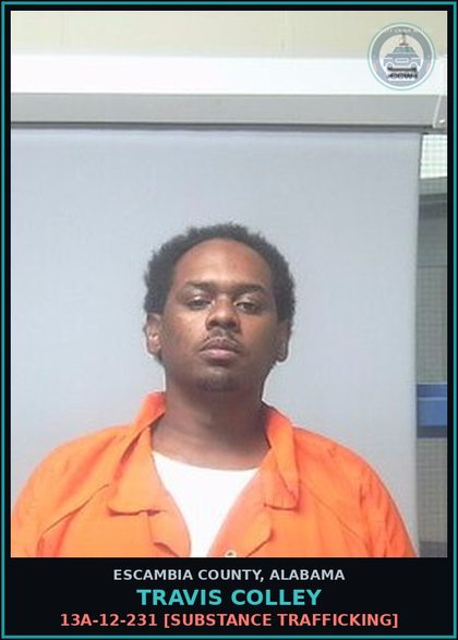 CCW arrest card for Travis Colley in Escambia County: 13A-12-231 [Drug Trafficking]