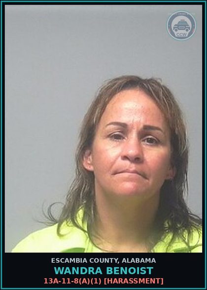 CCW arrest card for Wandra Benoist in Escambia County: 13A-11-8(a)(1) [Harassment]