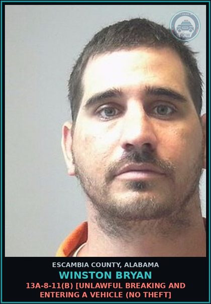 CCW arrest card for Winston Bryan in Escambia County: 13A-8-11(b) [Unlawful Breaking and Entering a Vehicle (No theft]