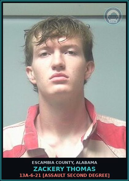 CCW arrest card for Zackery Thomas in Escambia County: 13A-6-21 [Assault Second Degree]