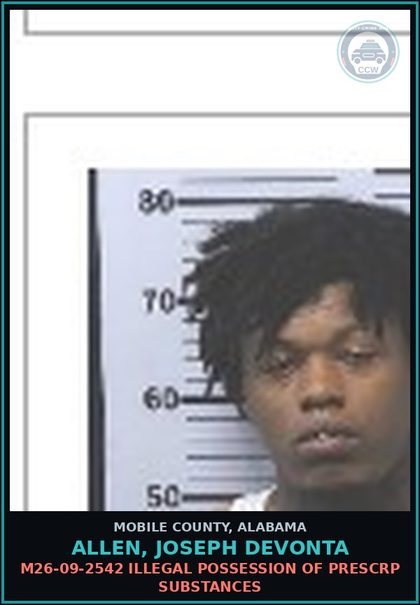 CCW arrest card for ALLEN, JOSEPH DEVONTA in Mobile County: M26-09-2542 ILLEGAL POSSESSION OF PRESCRIPTION DRUGS