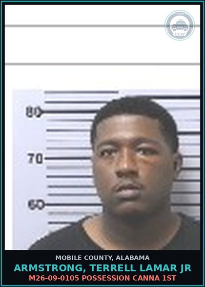 CCW arrest card for ARMSTRONG, TERRELL LAMAR JR in Mobile County: M26-09-0105 POSSESSION Canna 1ST