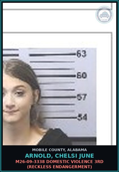 CCW arrest card for ARNOLD, CHELSI JUNE in Mobile County: M26-09-3338 DOMESTIC VIOLENCE 3RD (RECKLESS ENDANGERMENT)
