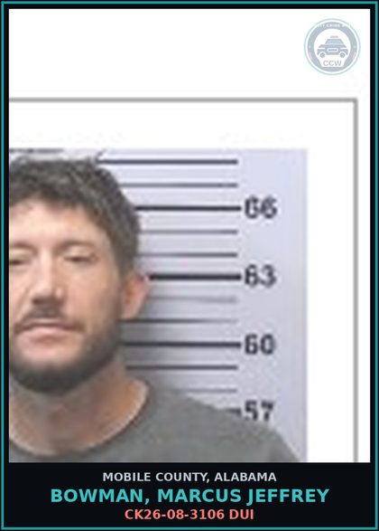 CCW arrest card for BOWMAN, MARCUS JEFFREY in Mobile County: CK26-08-3106 DUI