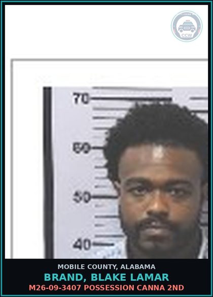 CCW arrest card for BRAND, BLAKE LAMAR in Mobile County: M26-09-3407 POSSESSION Canna 2ND