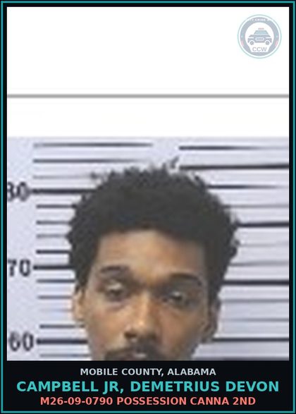 CCW arrest card for CAMPBELL JR, DEMETRIUS DEVON in Mobile County: M26-09-0790 POSSESSION Canna 2ND