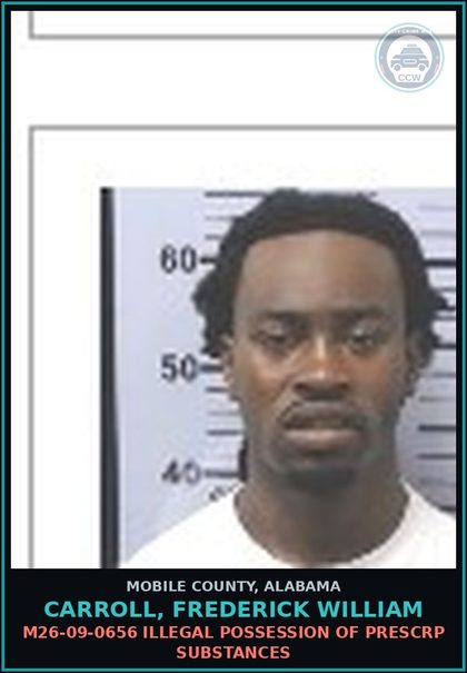 CCW arrest card for CARROLL, FREDERICK WILLIAM in Mobile County: NO DRIVERS LICENSE