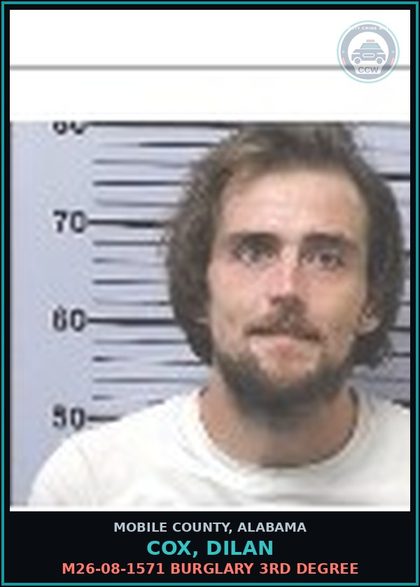 CCW arrest card for COX, DILAN in Mobile County: M26-08-1571 ORGANIZED RETAIL THEFT