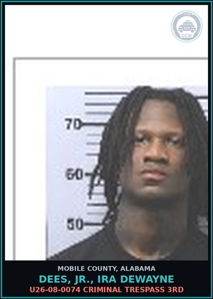 CCW arrest card for DEES, JR., IRA DEWAYNE in Mobile County: U26-08-0074 CRIMINAL TRESPASS 3RD