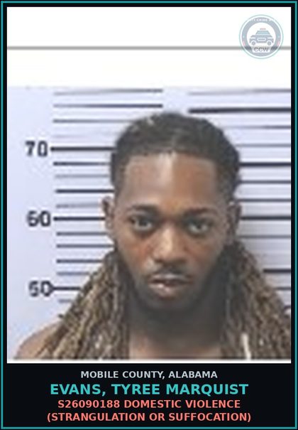 CCW arrest card for EVANS, TYREE MARQUIST in Mobile County: S26090188 DOMESTIC VIOLENCE (STRANGULATION OR SUFFOCATION)