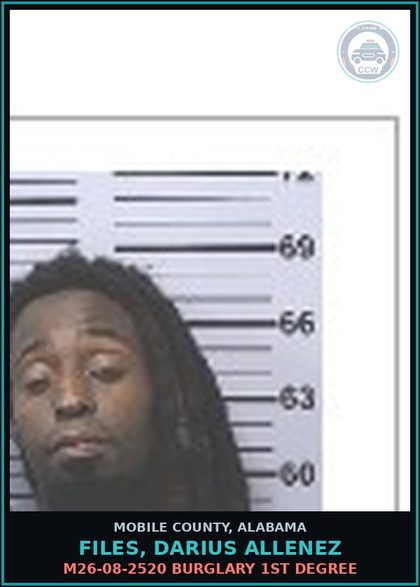 CCW arrest card for FILES, DARIUS ALLENEZ in Mobile County: M26-08-2520 UNLAWFUL IMPRISONMENT 1ST