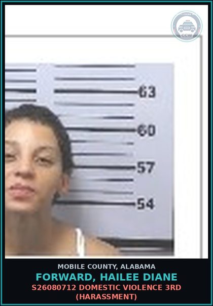 CCW arrest card for FORWARD, HAILEE DIANE in Mobile County: S26080712 DOMESTIC VIOLENCE 3RD (HARASSMENT)