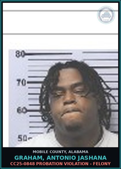 CCW arrest card for GRAHAM, ANTONIO JASHANA in Mobile County: M26-08-2763 USE/POSSESSION DRUG PARAPHERNALIA