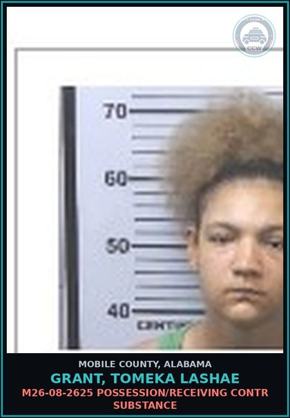 CCW arrest card for GRANT, TOMEKA LASHAE in Mobile County: M26-08-2625 POSSESSION/RECEIVING contr substance