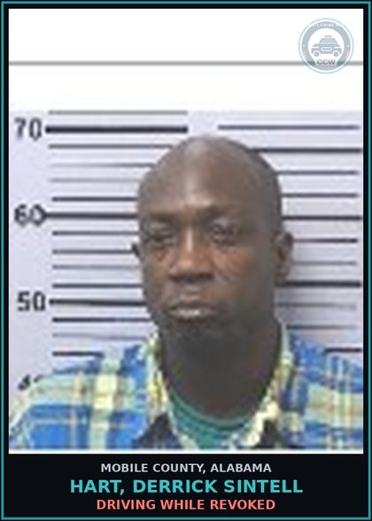 CCW arrest card for HART, DERRICK SINTELL in Mobile County: DRIVING WHILE REVOKED
