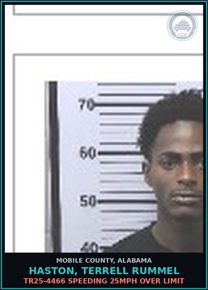 CCW arrest card for HASTON, TERRELL RUMMEL in Mobile County: TR25-4466 SPEEDING 25MPH OVER LIMIT