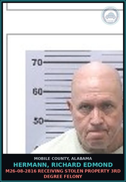 CCW arrest card for HERMANN, RICHARD EDMOND in Mobile County: M26-08-2816 RECEIVING STOLEN PROPERTY 3RD DEGREE FELONY