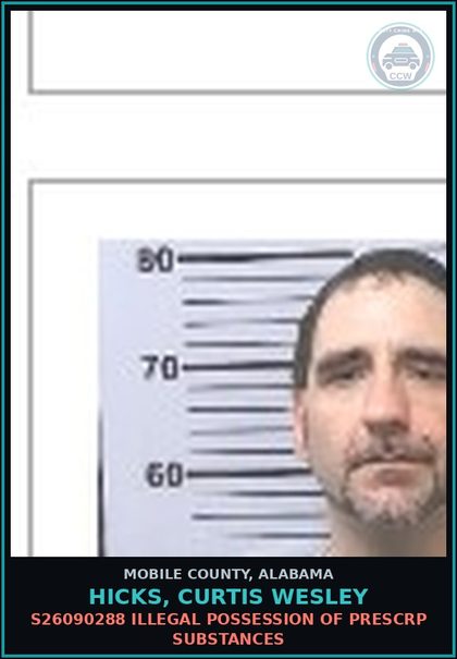 CCW arrest card for HICKS, CURTIS WESLEY in Mobile County: S26090288 ILLEGAL POSSESSION OF PRESCRIPTION DRUGS