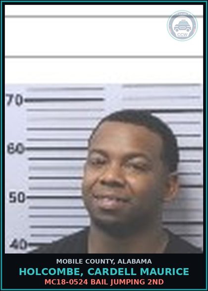 CCW arrest card for HOLCOMBE, CARDELL MAURICE in Mobile County: MC18-0524 BAIL JUMPING 2ND
