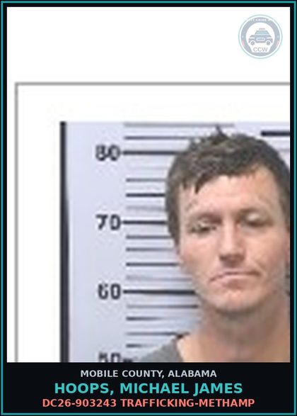 CCW arrest card for HOOPS, MICHAEL JAMES in Mobile County: DC26-903244 POSSESSION/RECEIVING contr substance