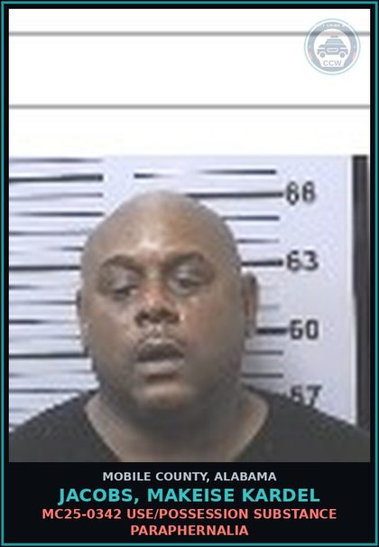 CCW arrest card for JACOBS, MAKEISE KARDEL in Mobile County: MC25-0342 USE/POSSESSION DRUG PARAPHERNALIA