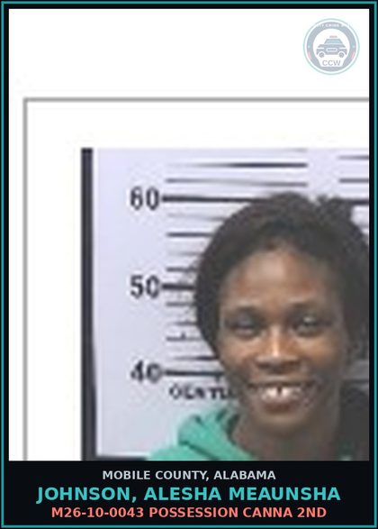 CCW arrest card for JOHNSON, ALESHA MEAUNSHA in Mobile County: M26-10-0043 POSSESSION Canna 2ND