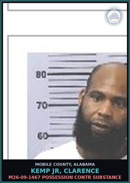 CCW arrest card for KEMP JR, CLARENCE in Mobile County: M26-09-1467 POSSESSION contr substance