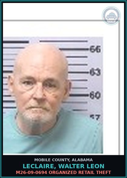 CCW arrest card for LECLAIRE, WALTER LEON in Mobile County: M26-09-0694 ORGANIZED RETAIL THEFT