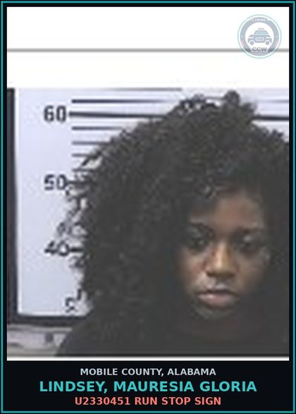 CCW arrest card for LINDSEY, MAURESIA GLORIA in Mobile County: U2330451 RUN STOP SIGN