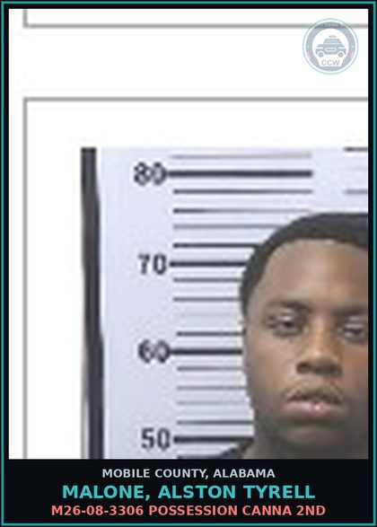 CCW arrest card for MALONE, ALSTON TYRELL in Mobile County: M26-08-3306 POSSESSION Canna 2ND