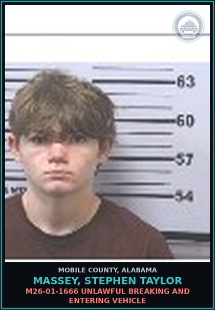 CCW arrest card for MASSEY, STEPHEN TAYLOR in Mobile County: M26-01-1666 UNLAWFUL BREAKING AND ENTERING VEHICLE