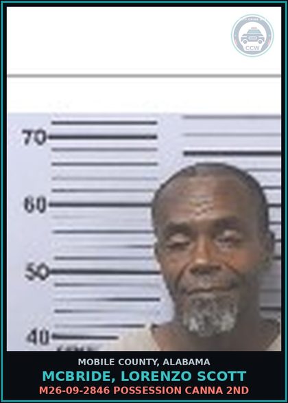 CCW arrest card for MCBRIDE, LORENZO SCOTT in Mobile County: M26-09-2846 POSSESSION Canna 2ND
