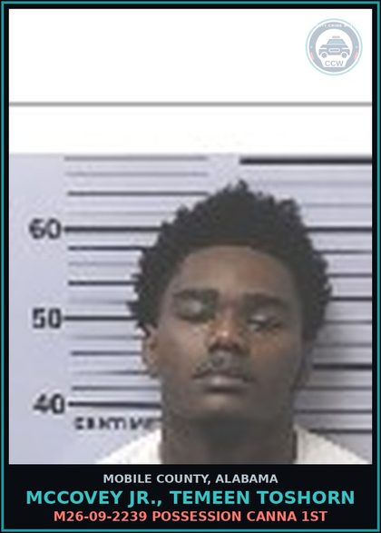 CCW arrest card for MCCOVEY JR., TEMEEN TOSHORN in Mobile County: M26-09-2239 POSSESSION Canna 1ST