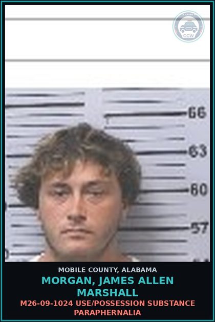 CCW arrest card for MORGAN, JAMES ALLEN MARSHALL in Mobile County: TR25-0252 DRIVE W/SUSPENDED LIC