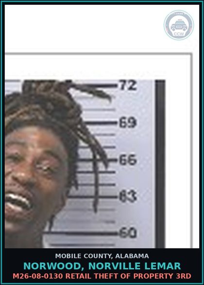 CCW arrest card for NORWOOD, NORVILLE LEMAR in Mobile County: U6646515 NO INSURANCE