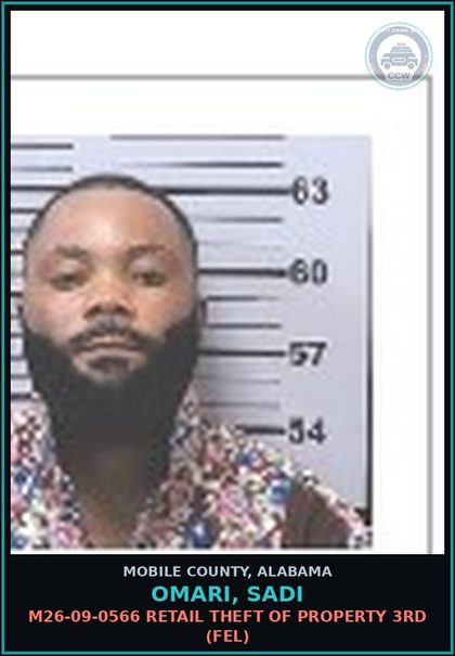 CCW arrest card for OMARI, SADI in Mobile County: M26-09-0566 RETAIL THEFT OF PROPERTY 3RD (FEL)