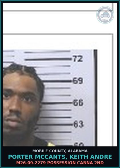 CCW arrest card for PORTER MCCANTS, KEITH ANDRE in Mobile County: M26-09-2279 POSSESSION Canna 2ND