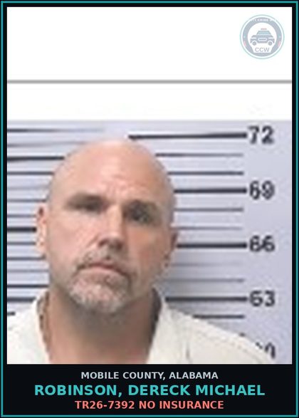 CCW arrest card for ROBINSON, DERECK MICHAEL in Mobile County: TR26-7392 NO INSURANCE