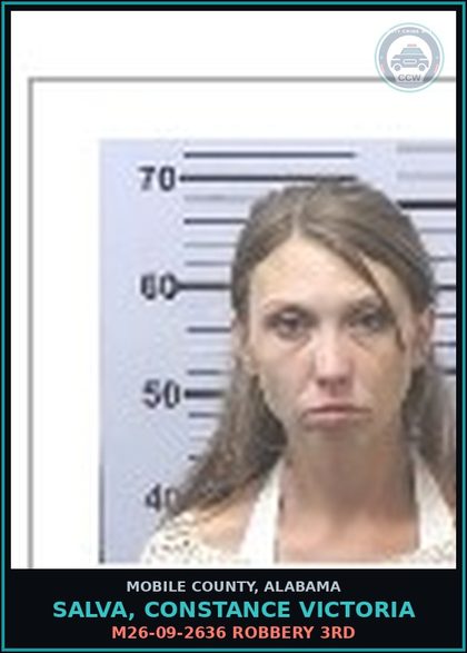 CCW arrest card for SALVA, CONSTANCE VICTORIA in Mobile County: M26-09-2636 ROBBERY 3RD