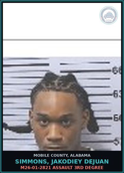 CCW arrest card for SIMMONS, JAKODIEY DEJUAN in Mobile County: M26-01-2821 ASSAULT 3RD DEGREE