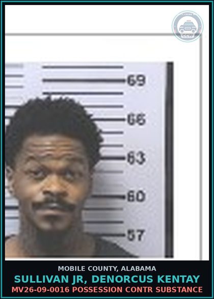 CCW arrest card for SULLIVAN JR, DENORCUS KENTAY in Mobile County: TR26-0054 DRIVE W/SUSPENDED LIC